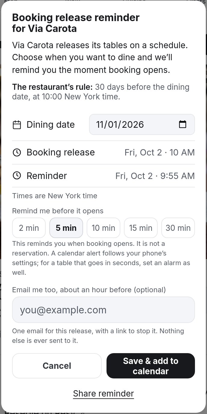 The real booking-release reminder in Sanders Guide for Via Carota: its rule, when booking opens and when you’ll be reminded