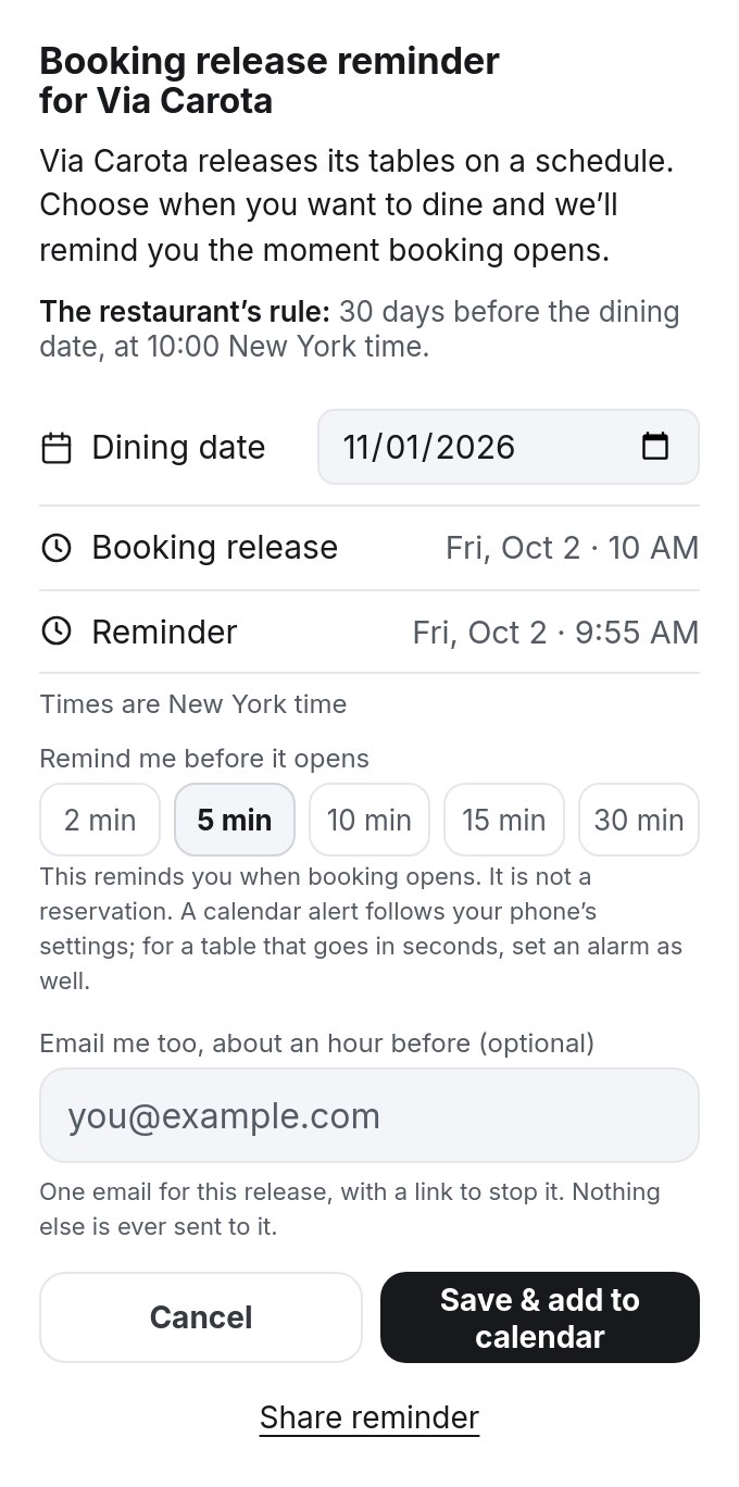 The real booking-release reminder in Sanders Guide for Via Carota: its rule, when booking opens and when you’ll be reminded